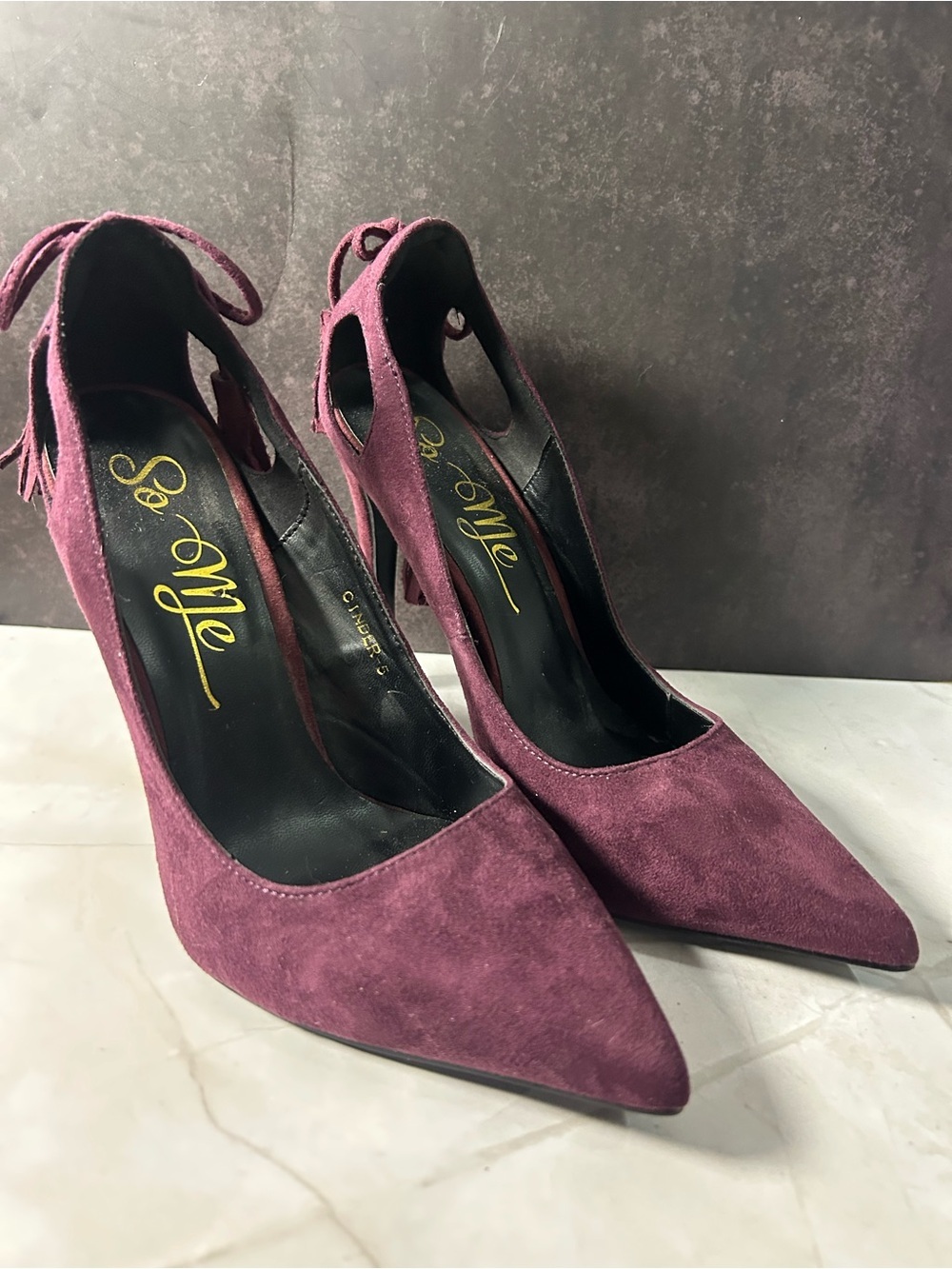 So Me Burgundy Suede Pointed-Toe Tie-Back Heels